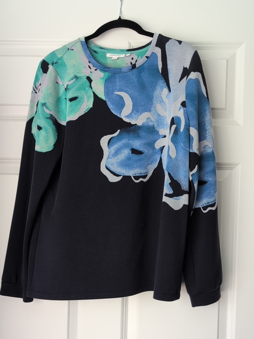 Black Crewneck Sweatshirt with Blue & Teal Floral Print